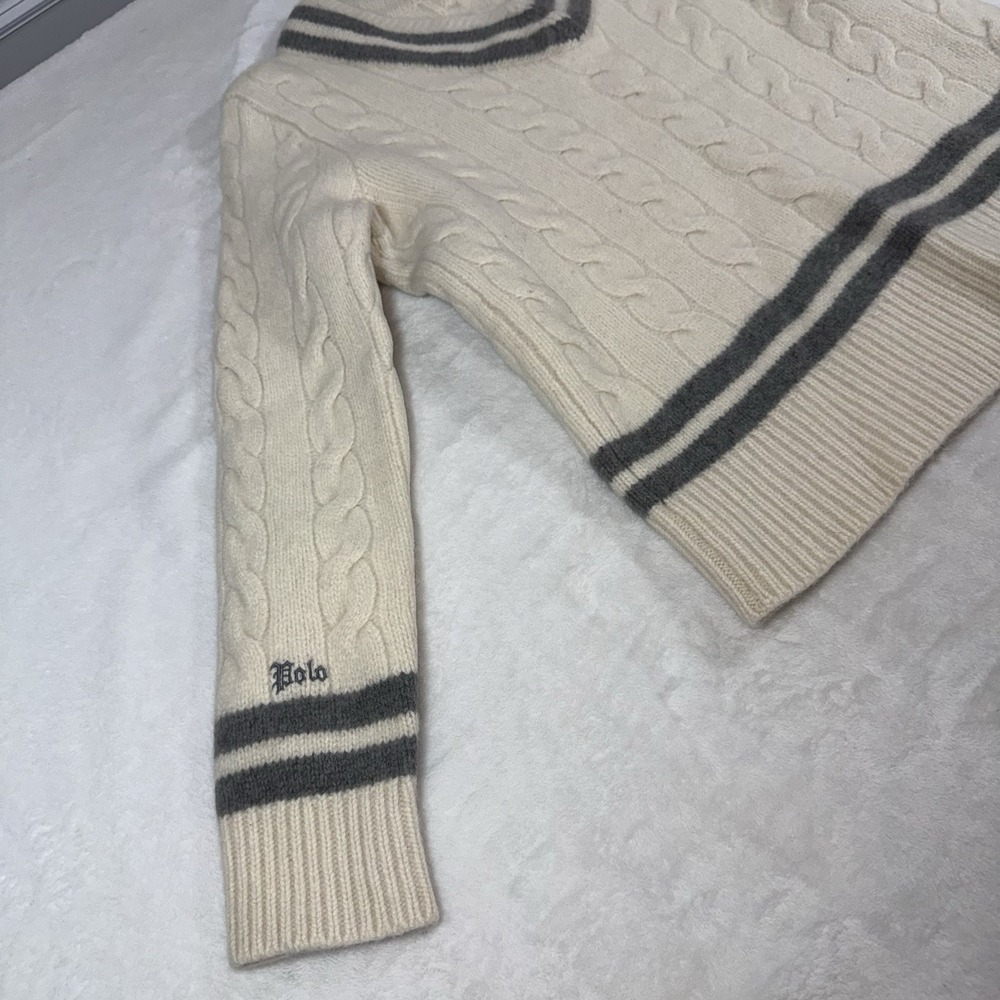 Polo Ralph Lauren The Iconic Cricket Sweater Womans MD Wool Cashmere Cream Gray - Picture 6 of 15